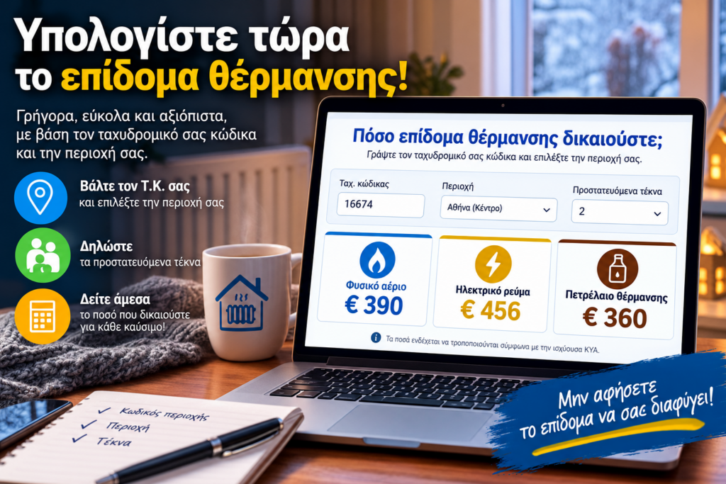 Επίδομα θέρμανσης 2026-2027: Υπολογίστε πόσα θα πάρετε με τον ταχυδρομικό σας κώδικα – Αύξηση 20% σε όλη τη χώρα